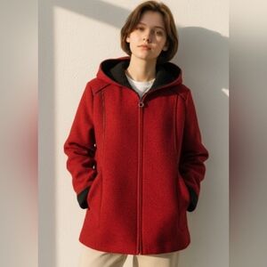 Frocella Women's Boiled Wool Red Hooded Jacket Coat Cardigan Made In Italy